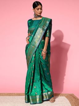 Akhilam - Womens Silk Blend Green Woven Design Handloom Saree with Unstitched Blouse