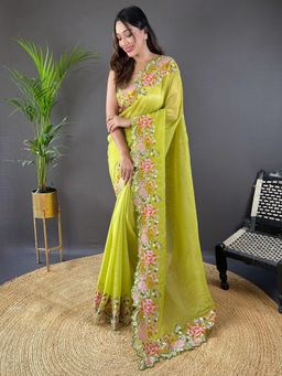 Akhilam - Women Paper Silk Lime Green Embroidered Saree with Unstitched Blouse
