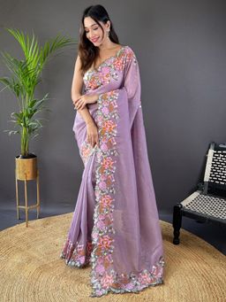 Akhilam - Women Paper Silk Lavender Embroidered Saree with Unstitched Blouse