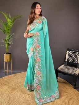 Akhilam - Women Paper Silk Turquoise Embroidered Saree with Unstitched Blouse