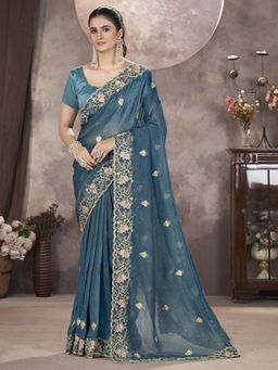 Akhilam - Women Paper Silk Teal Embellished Saree with Unstitched Blouse
