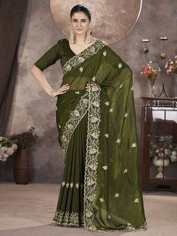 Akhilam - Women Paper Silk Olive Embellished Saree with Unstitched Blouse