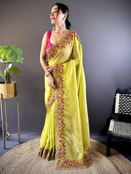 Akhilam - Women Paper Silk Yellow Embroidered Saree with Unstitched Blouse