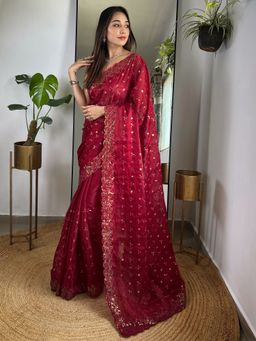 Akhilam - Women Organza Maroon Embellished Saree with Unstitched Blouse