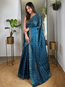 Akhilam - Women Organza Teal Embellished Saree with Unstitched Blouse
