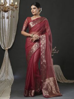 Akhilam - Women Organza Magenta Woven Design Saree with Unstitched Blouse