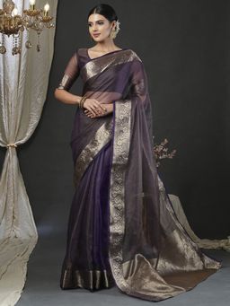 Akhilam - Women Organza Navy Blue Woven Design Saree with Unstitched Blouse