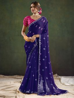 Akhilam - Women Pure Chiffon Navy Blue Embellished Saree with Unstitched Blouse