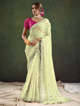 Akhilam - Women Pure Chiffon Cream Embellished Saree with Unstitched Blouse