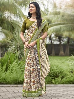 Akhilam - Women Chiffon Green Printed Saree with Unstitched Blouse