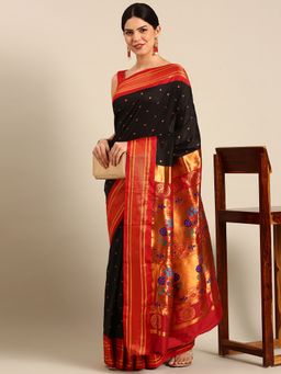 VARKALA SILK SAREES - Black Soft Maharani Paithani Saree with Unstitched Blouse