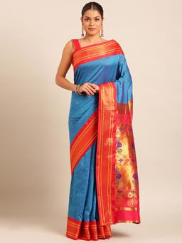 VARKALA SILK SAREES - Aqua Soft Maharani Paithani Saree with Unstitched Blouse