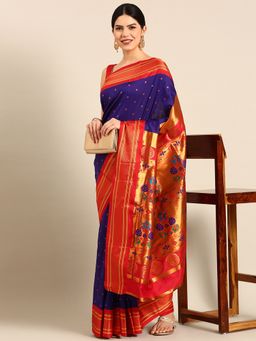 VARKALA SILK SAREES - Navy Blue Soft Maharani Paithani Saree with Unstitched Blouse