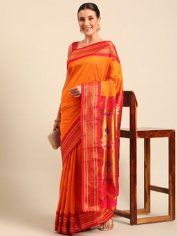 VARKALA SILK SAREES - Orange Soft Maharani Paithani Saree with Unstitched Blouse