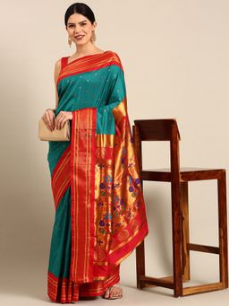 VARKALA SILK SAREES - Teal Soft Maharani Paithani Saree with Unstitched Blouse