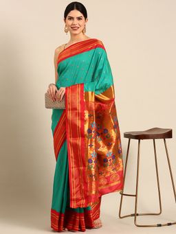 VARKALA SILK SAREES - Green Soft Maharani Paithani Saree with Unstitched Blouse