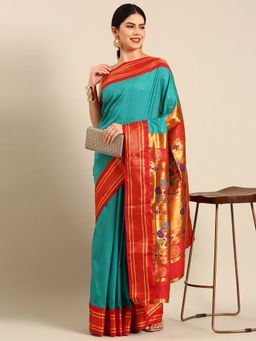 VARKALA SILK SAREES - Turquoise Soft Maharani Paithani Saree with Unstitched Blouse