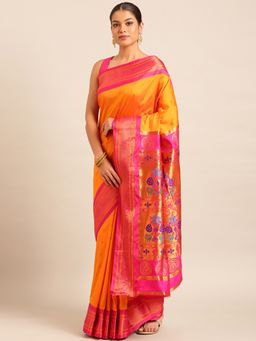 VARKALA SILK SAREES - Orange Soft Maharani Paithani Saree with Unstitched Blouse