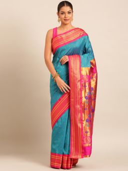 VARKALA SILK SAREES - Teal Soft Maharani Paithani Saree with Unstitched Blouse