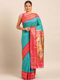 VARKALA SILK SAREES - Turquoise Soft Maharani Paithani Saree with Unstitched Blouse