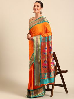 VARKALA SILK SAREES - Orange Soft Maharani Paithani Saree with Unstitched Blouse
