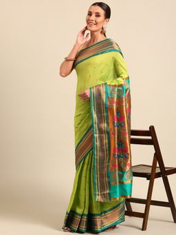 VARKALA SILK SAREES - Green Soft Maharani Paithani Saree with Unstitched Blouse