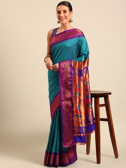 VARKALA SILK SAREES - Teal Soft Maharani Paithani Saree with Unstitched Blouse