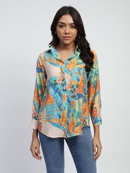 Global Republic - Women Multi-Color Rayon Blend Tropical Print Collar Neck Shirt