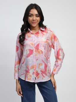 Global Republic - Women Pink Rayon Blend Floral Print Collar Neck Shirt