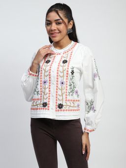 Global Republic - Women White Cotton Thread Embroidered Round Neck Shirt