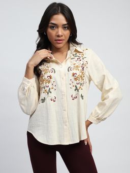 Global Republic - Women Cream Cotton Thread Embroidered Collar Neck Shirt