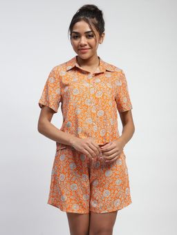 Global Republic - Women Orange Rayon Floral Print Collar Neck Shirt