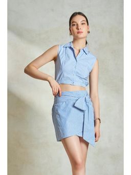 Virgio - Women Cotton Collar Neck Stripes Blue Shirt