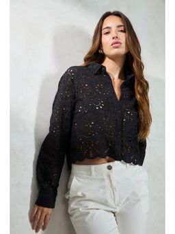 Virgio - Women Cotton Collar Neck Self Design Black Shirt