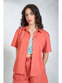 Virgio - Women Cotton Collar Neck Solid Orange Shirt
