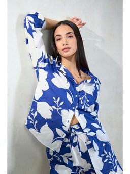 Virgio - Women Cotton Collar Neck Floral Blue Shirt