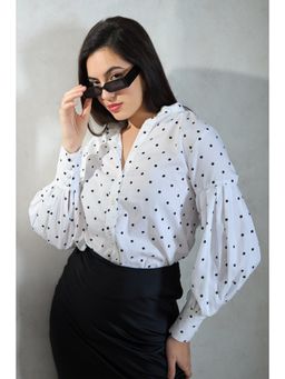 Virgio - Women Cotton Collar Neck Polka Dots White Shirt