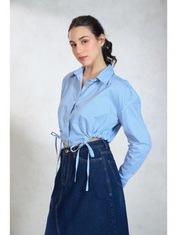 Virgio - Women Cotton Collar Neck Stripes Blue Shirt