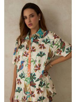 Virgio - Women Polyester Collar Neck Abstract Off White Shirt