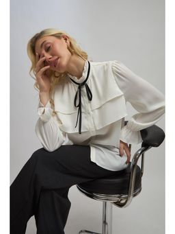 Virgio - Women Polyester Ruffle Neck Solid Cream Shirt