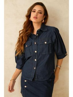 Virgio - Women Denim Collar Neck Solid Blue Shirt