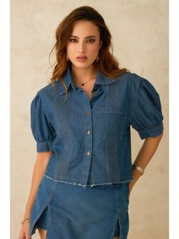 Virgio - Women Denim Collar Neck Solid Blue Shirt