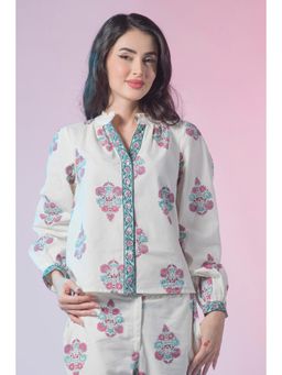 Virgio - Women Cotton Collar Neck Floral White Shirt