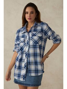 Virgio - Women Cotton Collar Neck Checks Blue Shirt