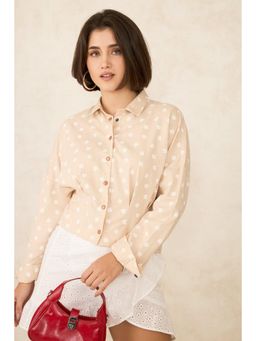 Virgio - Women Tencel Collar Neck Floral Tan Shirt