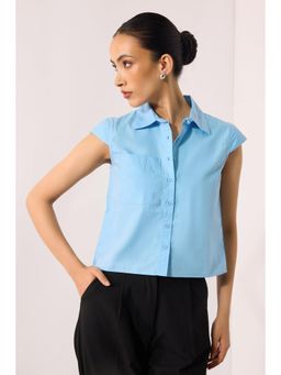 Virgio - Women Cotton Collar Neck Solid Blue Shirt