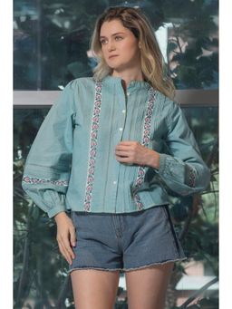 Virgio - Women Cotton Mandarin Neck Floral Teal Shirt