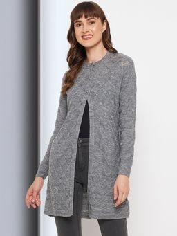 CLAPTON - Womens Wool Blend Grey Full Sleeve Solid Self Design Round Neck Cardigan
