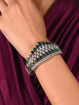 Ratnavali Jewels - Silver Plated American Diamond CZ Green Openable Kada Bracelet (2.6)