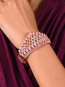Ratnavali Jewels - Rose Gold Plated American Diamond CZ Pink Openable Kada Bracelet (2.6)